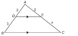 This illustration shows triangle ABC with horizontal base BC. Line segment DE is shown parallel to BC and joins segments AB and AC. D is a point on AB that is 2 units from A and 3 units from B. E is a point on AC that is 3 units from A and x units from C.