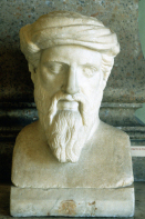 This is a photograph of the bust of Pythagoras.