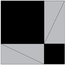 This illustration shows a square made up of a large black square measuring b on a side, a smaller black square measuring a on a side, and four grey right triangles with legs measuring a and b. The pieces are arranged so the larger black square is in the upper left. Two grey right triangles are placed together to form a rectangle, measuring a by b, that sits to the right of the larger black square. The smaller black square sits below these two triangles. The remaining two triangles are placed to form a rectangle, measuring b by a, and are placed to the left of the smaller black square.