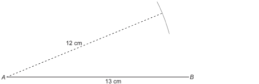 This illustration shows a line segment measuring 13 centimetres and labelled AB. An arc with a radius of 12 centimetres is drawn from point A.
