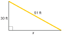 This illustration shows a right triangle with a hypotenuse of length 51 feet drawn in yellow, a vertical leg of 30 feet, and a horizontal leg of measure x.