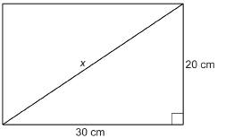 This illustration shows a rectangle that is 20 centimetres by 30 centimetres with a diagonal measuring x.