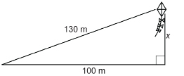 This illustration shows a right triangle with a kite at the end of one leg. The kite is flying x metres above the ground. The other leg is 100 metres long. The hypotenuse is 130 metres long.