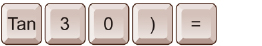 This illustration shows the key strokes needed to calculate the value of the tangent of 30 degrees. The keys shown are Tan, 3, 0, right parenthesis, and equals.
