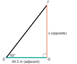 This illustration shows right triangle STG with angle G as the right angle. Angle S is 50 degrees; adjacent side SG is 44.3 m and opposite side TG has measure x.