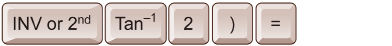 This illustration shows the calculator key strokes to calculate the inverse tangent of 2. The keys are INV or second, tan-1, 2, right parenthesis, and equals.