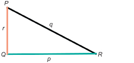 This illustration shows right triangle PQR with angle Q as the right angle. The side opposite angle R is labelled r, the side opposite angle Q is labelled q, and the side opposite angle P is labelled p.