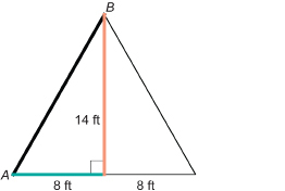 This illustration shows an isosceles triangle with a height of 14 feet. A line from the top vertex is drawn perpendicular to the base. This line bisects the base into two 8-foot segments. The right vertex of the base is labelled A.