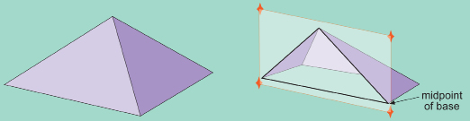 This illustration shows a pyramid with a square base and a cutaway of the same pyramid. The cutaway shows the pyramid cut through the middle of the base. The edge is highlighted in black and is in the shape of a triangle.