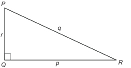 This illustration shows right triangle PQR with angle Q marked as a right angle. Side PQ, which is opposite angle R, is labelled r. Side PR, which is opposite angle Q, is labelled q. Side QR, which is opposite angle P, is labelled p.