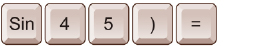 This illustration shows the key strokes required to calculate the sine of 45 degrees on a calculator. The keys shown are Sin, 4, 5, right parenthesis, and equals.