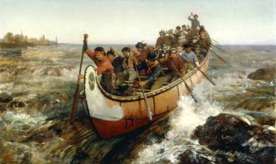 This is a copy of a painting from 1879 entitled Shooting the Rapids. The painting shows a canoe descending rapids.