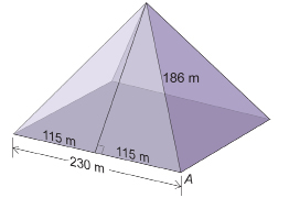 This illustration shows a pyramid with its cross section as an isosceles triangle. The base of this isosceles triangle is shown as having a length of 230 metres. This isosceles triangle is divided into two congruent right triangles. One of these right triangles is labelled with reference angle A, with a side adjacent to angle A of 115 m and a hypotenuse of 186 m.