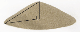 This illustration shows a conical pile of sand and a right triangle in its interior. The right triangle has its hypotenuse along the slope of the conical pile. The vertical side of the right triangle is along the central axis of the conical pile. The horizontal side of the right triangle runs along the ground directly underneath the conical pile from the pile’s edge to a point directly under the top of the pile.