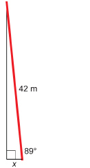 This illustration shows a triangle with an unknown horizontal side and a hypotenuse drawn from the horizontal at an 89-degree angle. The hypotenuse is 42 metres long.