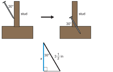 This illustration shows a nail driven into a vertical stud of wood. The nail comes down into the wood at a 30-degree angle.