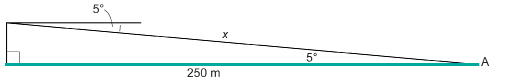 This illustration shows a triangle with a horizontal of 250 metres and a hypotenuse drawn from its right end at a 5-degree angle. The length of the hypotenuse is unknown.