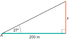 This illustration shows a right triangle with a 200-metre-long horizontal leg drawn in green and a vertical leg of length x drawn in orange. The angle between the base and the hypotenuse is 27 degrees, and that angle is labelled A.