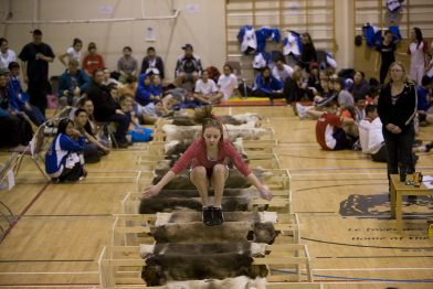 This shows the sledge-jump competition of the 2008 Arctic Winter Games held in Yellowknife, NT.
