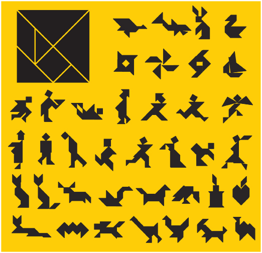 This illustration shows the geometric shapes of a tangram puzzle assembled into a square. Also shown are many other shapes and figures that can be formed by rearranging the geometric shapes.