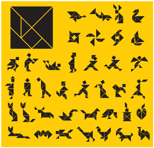 This illustration shows the geometric shapes of a tangram puzzle assembled into a square. Also shown are many other shapes and figures that can be formed by rearranging the geometric shapes.