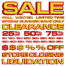 This is an illustration of a collage of words and sayings related to selling items; for example, sale, liquidation, clearance, and 50% off.