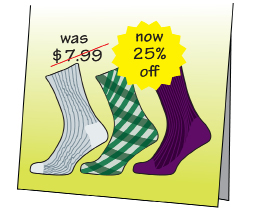 This is an image highlighting a sale on dress socks. The socks are regularly priced at $7.99, but are on sale for 25% off.