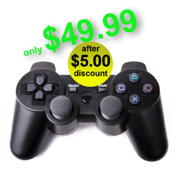 This is an image of a sales flyer advertising a video game controller selling for $49.99 after a $5.00 discount.