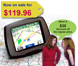 This is an advertisement showing a GPS system on sale for $119.96, which is the price after a $30 discount.