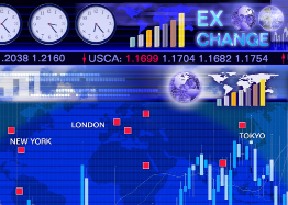 A photo shows a map of the world with major financial markets and currency exchange rates highlighted.