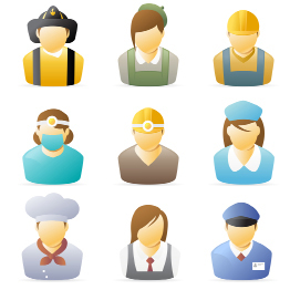 This photo shows cartoons of workers, including a chef, businessperson, artist, police officer, doctor, and others.