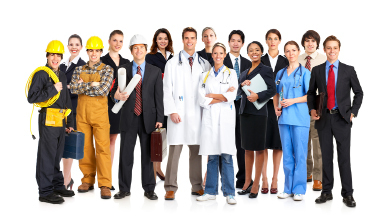 This photo shows workers, including tradespeople, medical professionals, businesspeople, and others.
