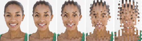 The series of photos show a regular face, a face with the bottom narrowed, the photo split into strips, a painted effect added, and then a ripple effect added.