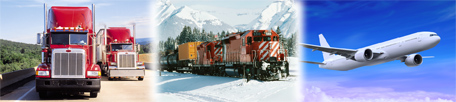 This is a collage of three photos. The first photo is of trucks driving on a highway. The second photo shows a train travelling in the mountains. The third photo shows an airplane flying.
