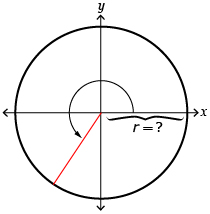 This sketch shows an angle in standard position with the terminal arm in the third quadrant. An unknown radius is labelled on the initial arm.