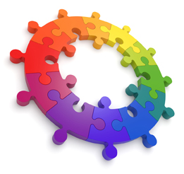 This is a picture of a colour wheel made of puzzle pieces.