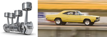 These are two combined graphics. On the left is an illustration showing four pistons connected to a crankshaft. On the right is a photo of a race car travelling quickly down the racetrack.