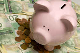 This is a photo of a piggy bank resting on a pile of pennies and 20-dollar bills.
